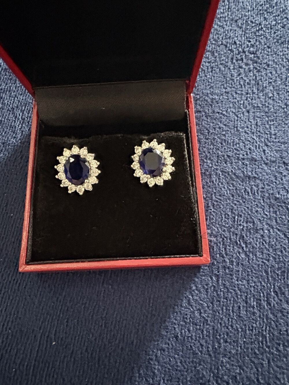 Sterling Silver Sapphire Blue Oval Halo Stud Earrings Sparkling Elegant Jewelry